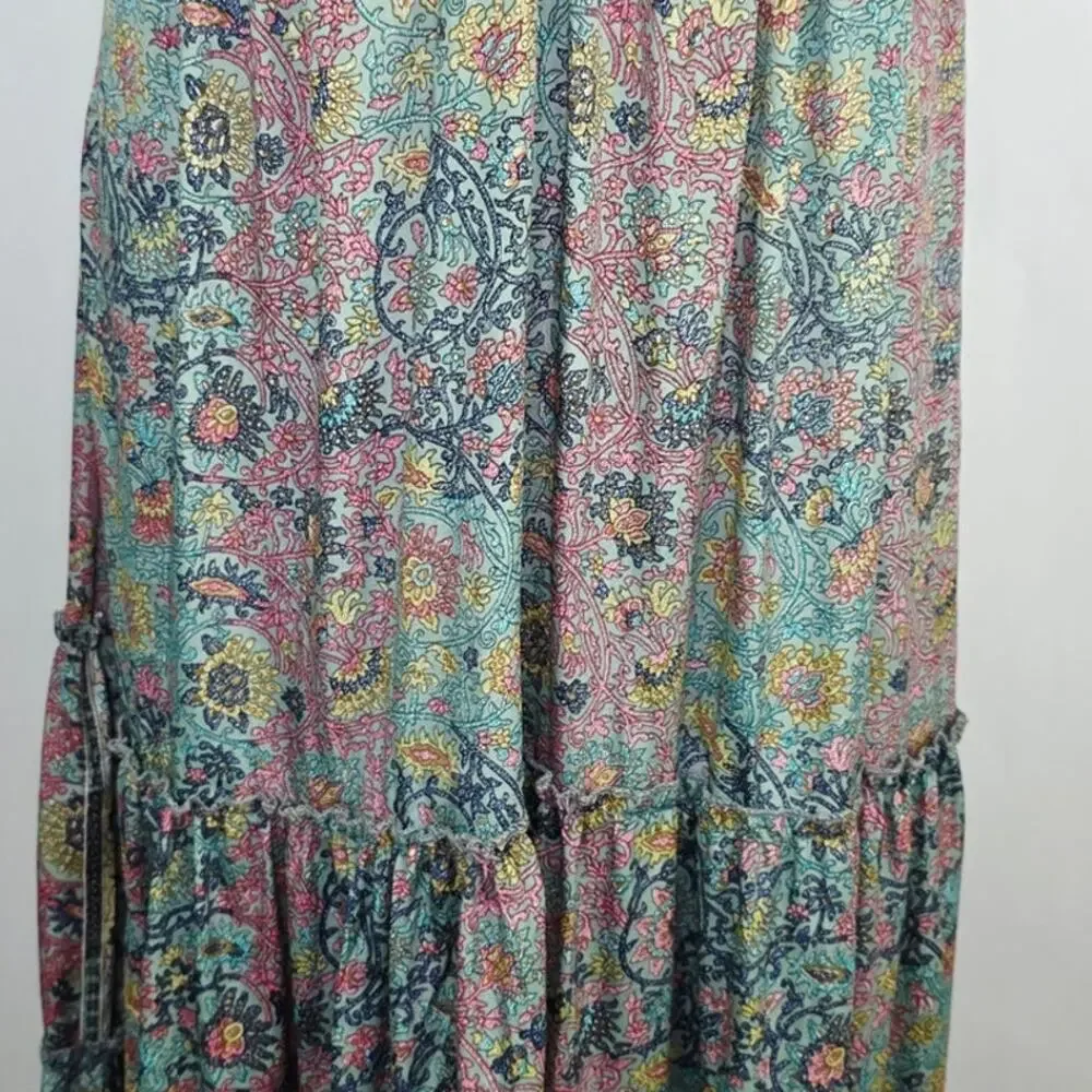 fab’rik Maxi Dress Large Mint Paisley Boho Tassel Tie Cottage Festival Whimsical